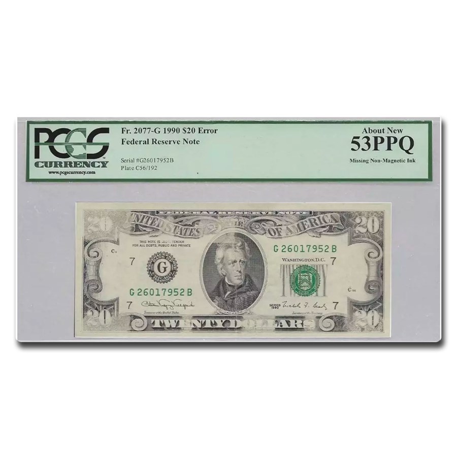 1990 (G-Chicago) $20 FRN AU-53 PPQ PCGS (Fr#2077-G) Inking Error