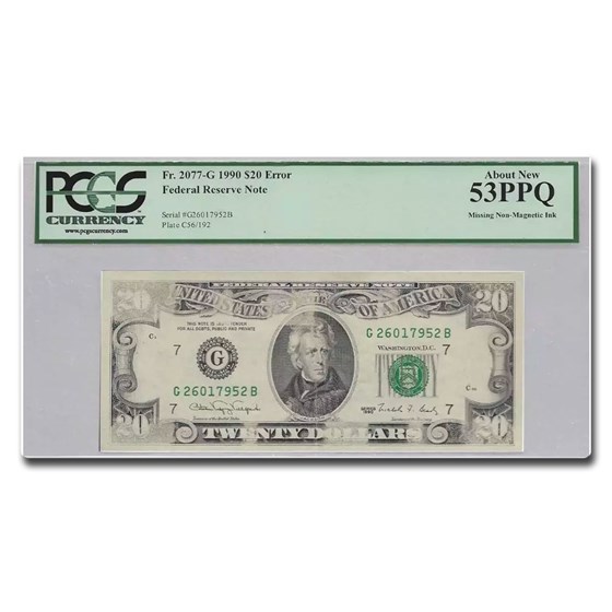 1990 (G-Chicago) $20 FRN AU-53 PPQ PCGS (Fr#2077-G) Inking Error 1990 (G-Chicago) $20 FRN AU-53 PPQ PCGS (Fr#2077-G) Inking Error