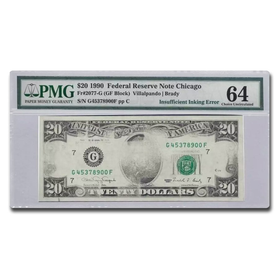 1990 (G-Chicago) $20 FRN CU-64 PMG (Fr#2077-G) Insufficient Ink