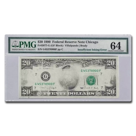 1990 (G-Chicago) $20 FRN CU-64 PMG (Fr#2077-G) Insufficient Ink 1990 (G-Chicago) $20 FRN CU-64 PMG (Fr#2077-G) Insufficient Ink