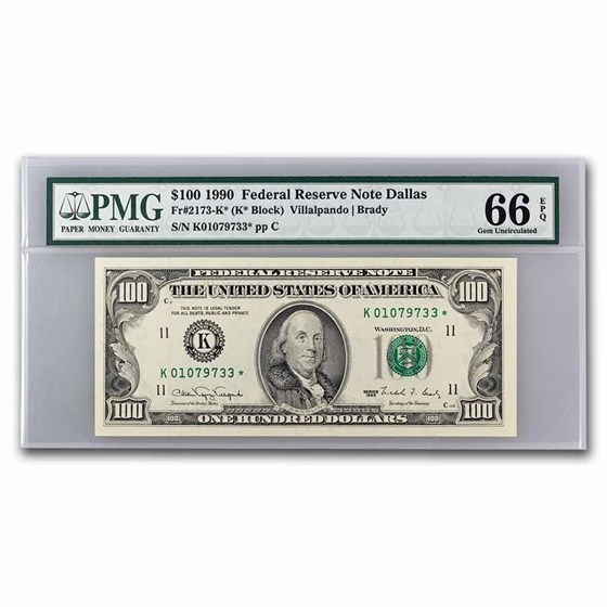 1990* (K-Dallas) $100 FRN Gem CU-66 EPQ PMG(Fr#2173-K*) Star Note 1990* (K-Dallas) $100 FRN Gem CU-66 EPQ PMG(Fr#2173-K*) Star Note