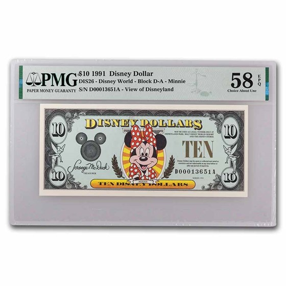 1991 $10.00 (DA) Smiling Minnie AU-58 EPQ PMG (DIS#26) 1991 $10.00 (DA) Smiling Minnie AU-58 EPQ PMG (DIS#26)
