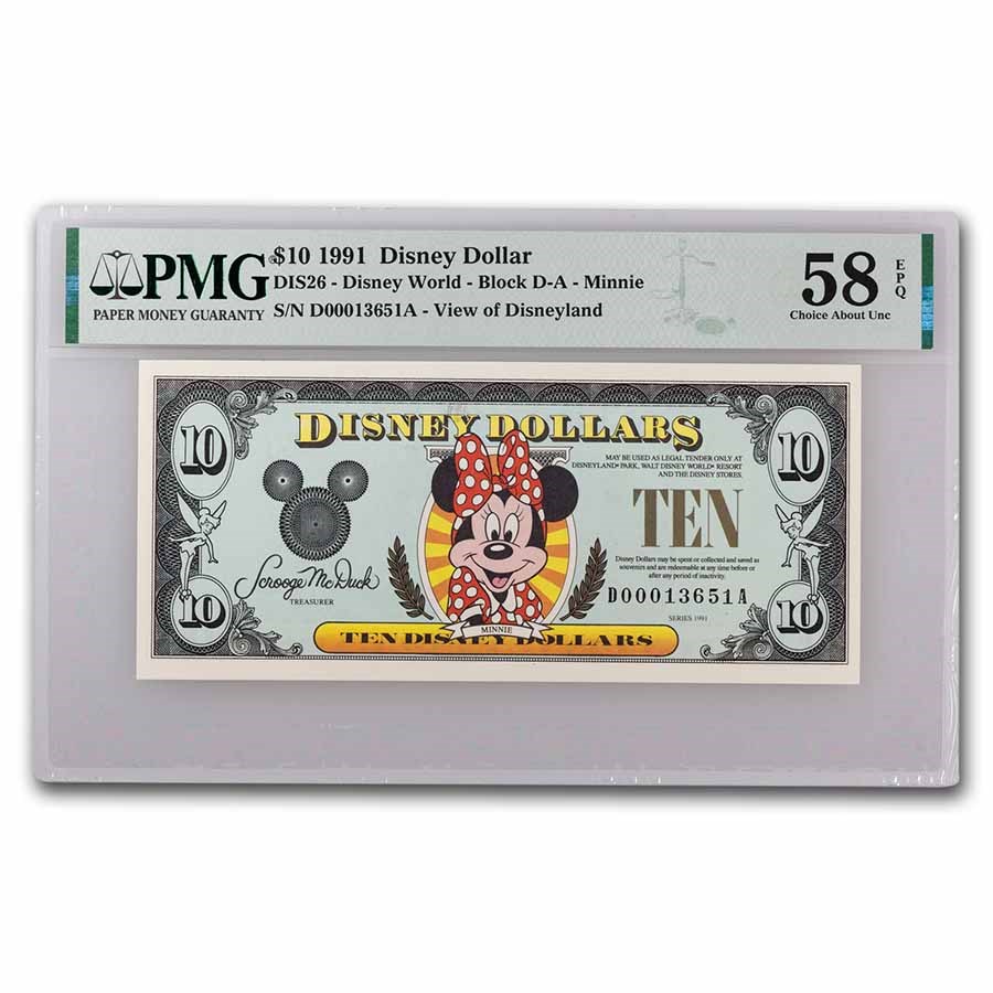 1991 $10.00 (DA) Smiling Minnie AU-58 EPQ PMG (DIS#26)