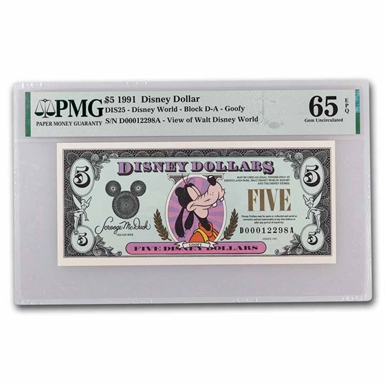 1991 $5.00 (DA) Closed-Eyed Goofy CU-65 EPQ PMG (DIS#25) 1991 $5.00 (DA) Closed-Eyed Goofy CU-65 EPQ PMG (DIS#25)