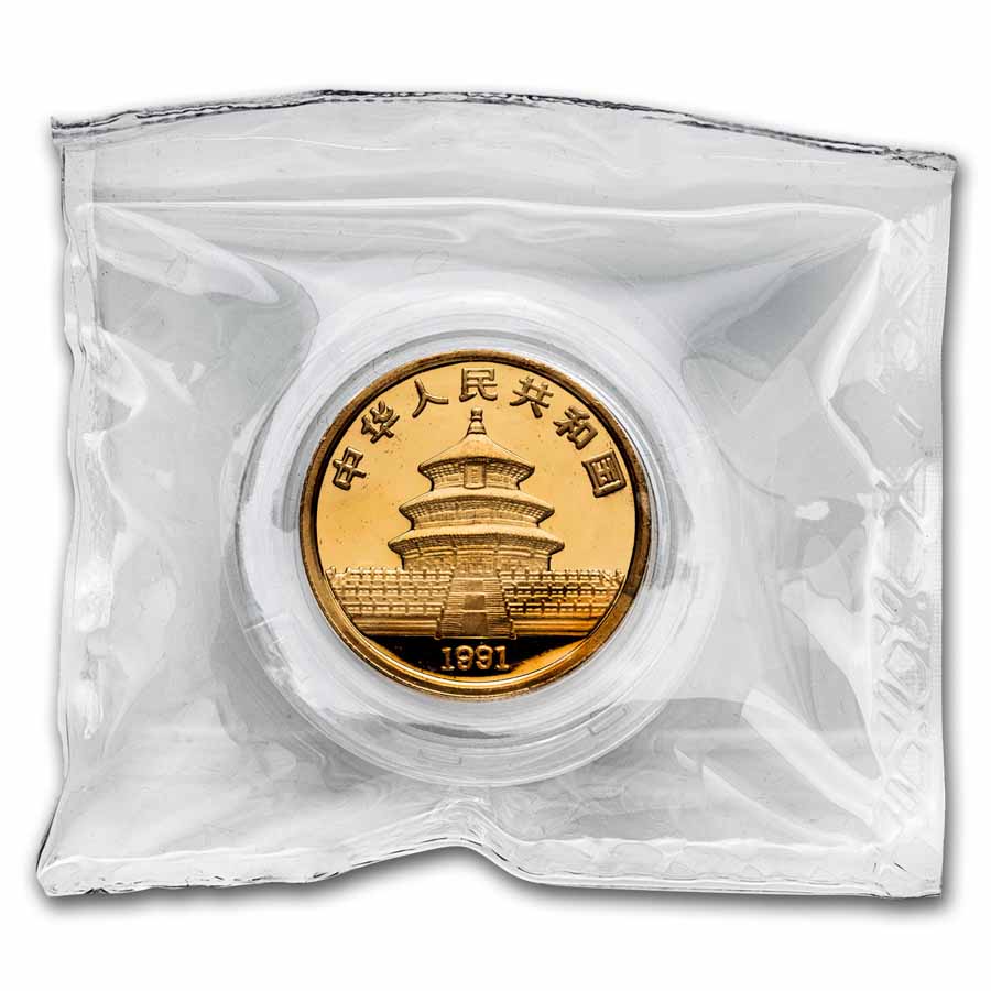 1991 China 1 oz Gold Panda 10th Anniversary Proof (Piedfort