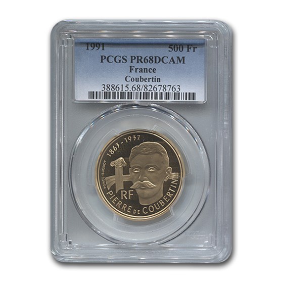 1991 France Gold 500 Francs Pierre De Coubertin PR-68 PCGS 1991 France Gold 500 Francs Pierre De Coubertin PR-68 PCGS