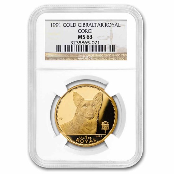 1991 Gibraltar 1 oz Gold Royal Corgi MS-63 NGC