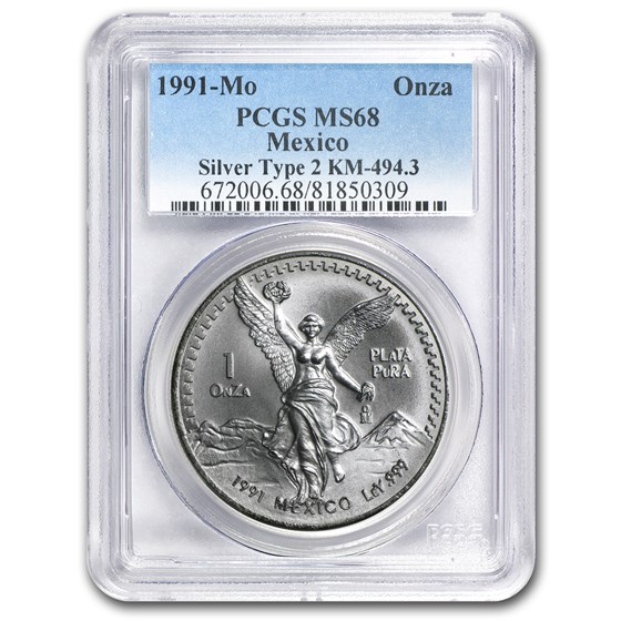 1991 Mexico 1 oz Silver Libertad Type 2 MS-68 PCGS 1991 Mexico 1 oz Silver Libertad Type 2 MS-68 PCGS