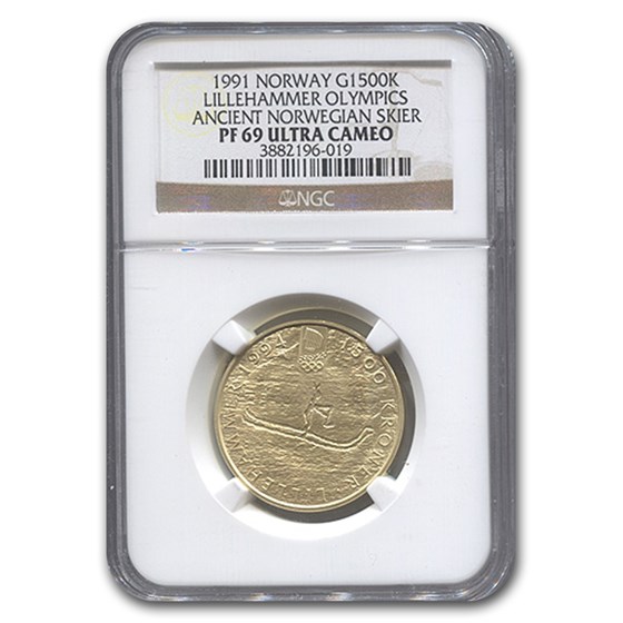 1991 Norway Gold 1500 Kroner Lillehammer Olympics Skier PF-69 1991 Norway Gold 1500 Kroner Lillehammer Olympics Skier PF-69