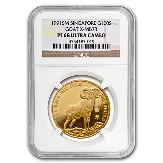 1991 Singapore 1 oz Proof Gold 100 Singold Goat PF-68 NGC 1991 Singapore 1 oz Proof Gold 100 Singold Goat PF-68 NGC