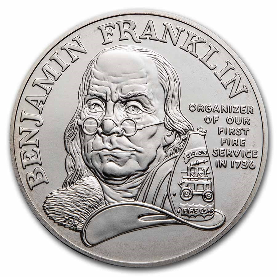 1992 1 oz Silver Ben Franklin Firefighter Medal BU (Capsule Only)