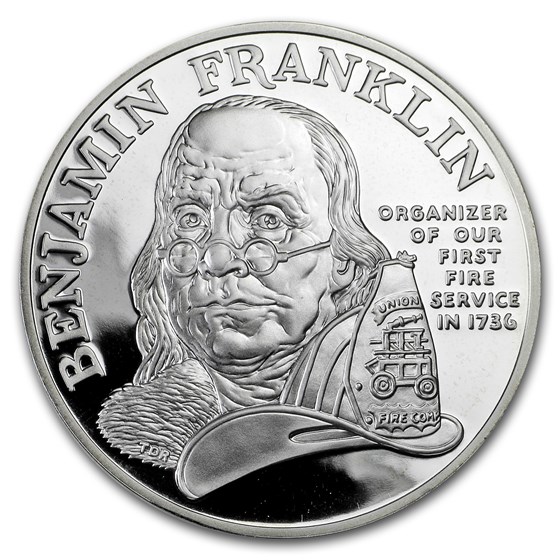 1992 1 oz Silver Ben Franklin Firefighters Medal Proof 1992 1 oz Silver Ben Franklin Firefighters Medal Proof