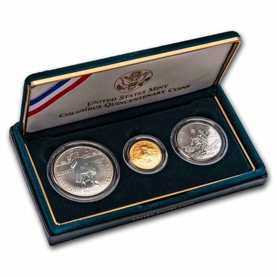 1992 3-Coin Commem Columbus Quincentenary Set BU (w/Box & COA) 1992 3-Coin Commem Columbus Quincentenary Set BU (w/Box & COA)