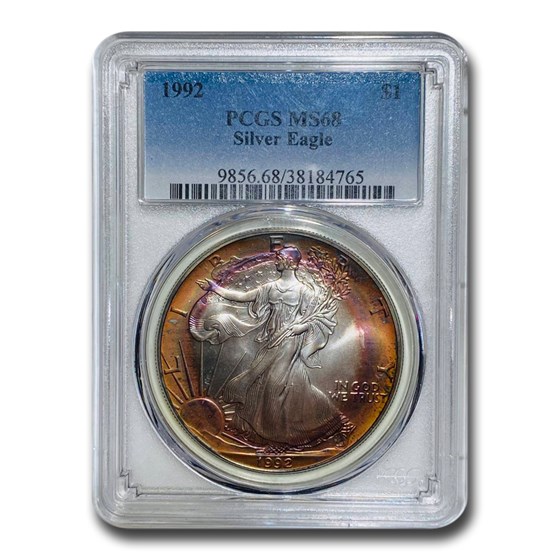 1992 American Silver Eagle MS-68 PCGS (Obv and Rev Toning) 1992 American Silver Eagle MS-68 PCGS (Obv and Rev Toning)