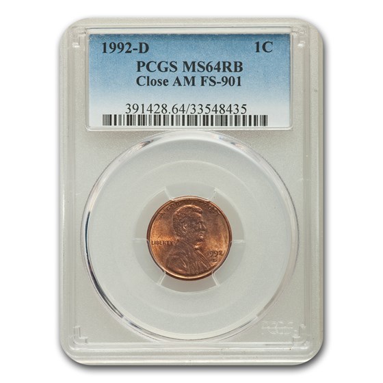 1992-D Lincoln Cent MS-64 PCGS (RB, Close AM FS-901) 1992-D Lincoln Cent MS-64 PCGS (RB, Close AM FS-901)