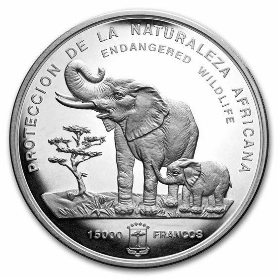 1992 Equatorial Guinea Silver 15000 Francos Elephants Proof 1992 Equatorial Guinea Silver 15000 Francos Elephants Proof
