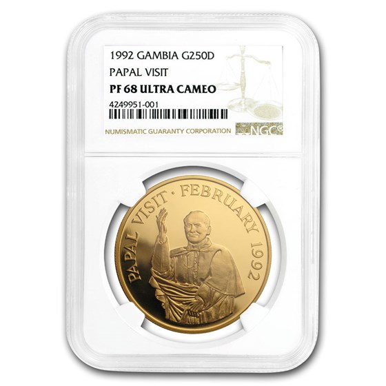 1992 Gambia Proof Gold 250 Dalasis Papal Visit PF-68 NGC (UCAM) 1992 Gambia Proof Gold 250 Dalasis Papal Visit PF-68 NGC (UCAM)
