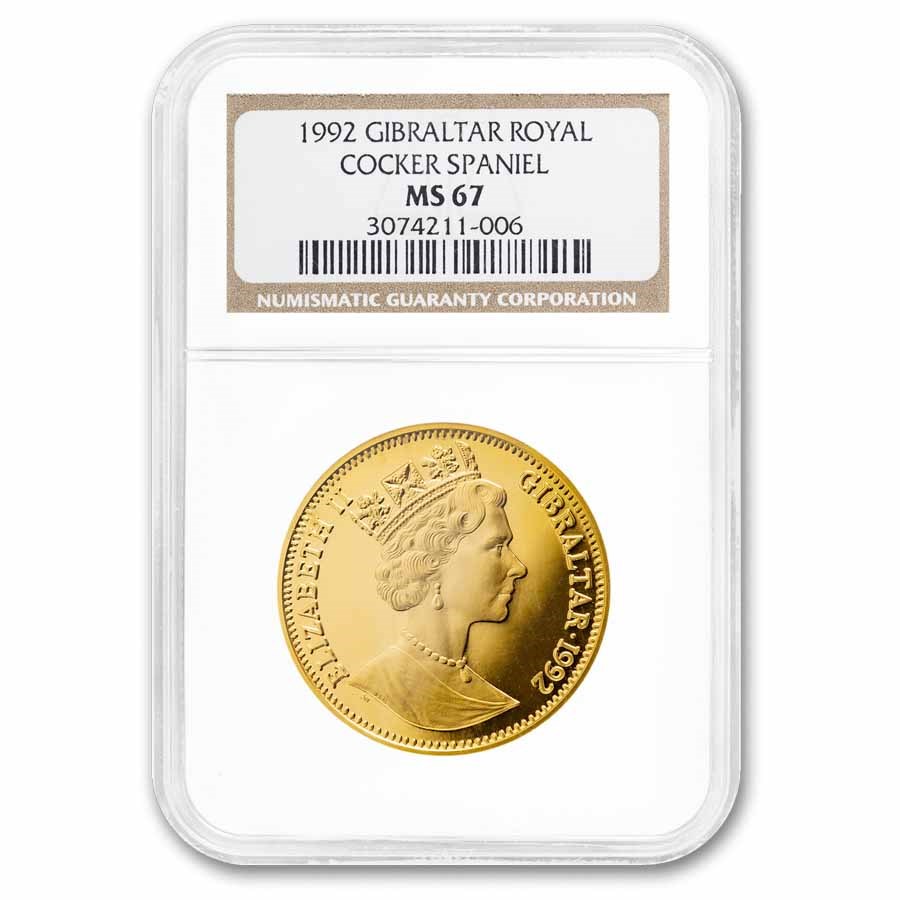 1992 Gibraltar 1 oz Gold Royal Cocker Spaniel MS-67 NGC