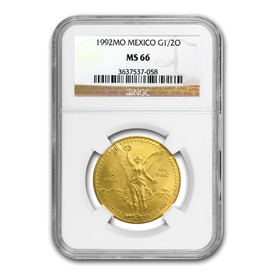 1992 Mexico 1/2 oz Gold Libertad MS-66 NGC