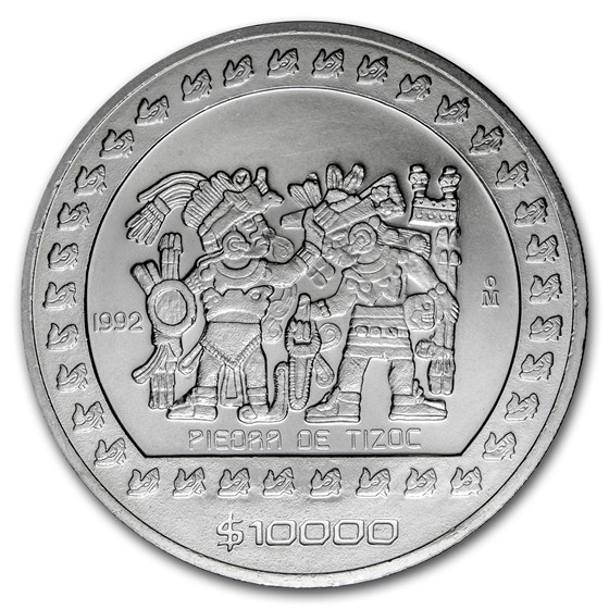 1992 Mexico 5 oz Silver 10,000 Pesos Piedra de Tizoc BU