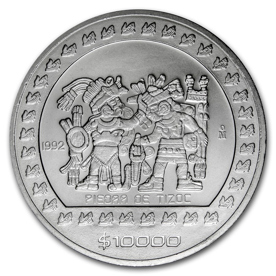 1992 Mexico 5 oz Silver 10,000 Pesos Piedra de Tizoc BU