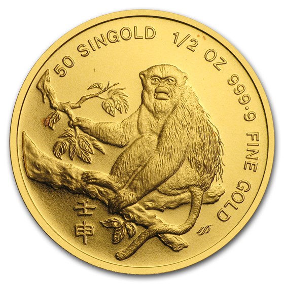 1992 Singapore 1/2 oz Proof Gold 50 Singold Monkey 1992 Singapore 1/2 oz Proof Gold 50 Singold Monkey