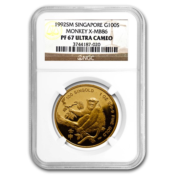 1992 Singapore 1 oz Proof Gold 100 Singold Monkey PR-67 NGC 1992 Singapore 1 oz Proof Gold 100 Singold Monkey PR-67 NGC