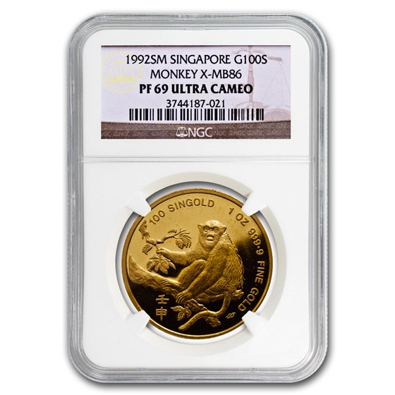 1992 Singapore 1 oz Proof Gold 100 Singold Monkey PR-69 NGC 1992 Singapore 1 oz Proof Gold 100 Singold Monkey PR-69 NGC