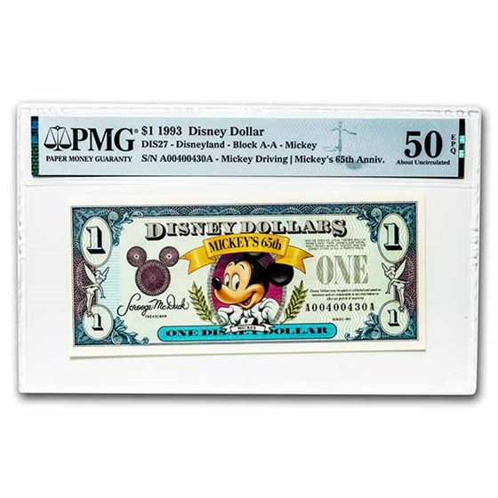 1993 $1.00 Disney World 65th Anniv. Mickey AU-50 EPQ PMG 1993 $1.00 Disney World 65th Anniv. Mickey AU-50 EPQ PMG