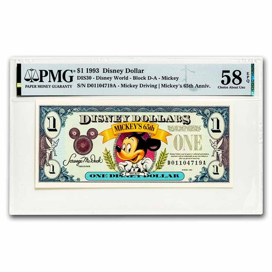 1993 $1.00 Disney World 65th Anniv. Mickey Choice AU-58 EPQ PMG 1993 $1.00 Disney World 65th Anniv. Mickey Choice AU-58 EPQ PMG