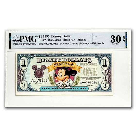 1993 $1.00 Disney World 65th Anniv. Mickey Choice VF-30 EPQ PMG 1993 $1.00 Disney World 65th Anniv. Mickey Choice VF-30 EPQ PMG