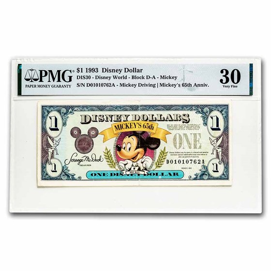 1993 $1.00 Disney World 65th Anniv. Mickey Choice VF-30 PMG 1993 $1.00 Disney World 65th Anniv. Mickey Choice VF-30 PMG
