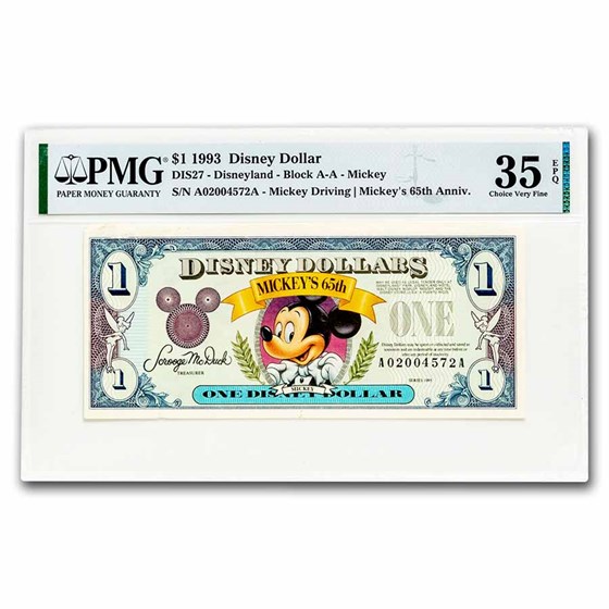 1993 $1.00 Disney World 65th Anniv. Mickey Choice VF-35 EPQ PMG 1993 $1.00 Disney World 65th Anniv. Mickey Choice VF-35 EPQ PMG
