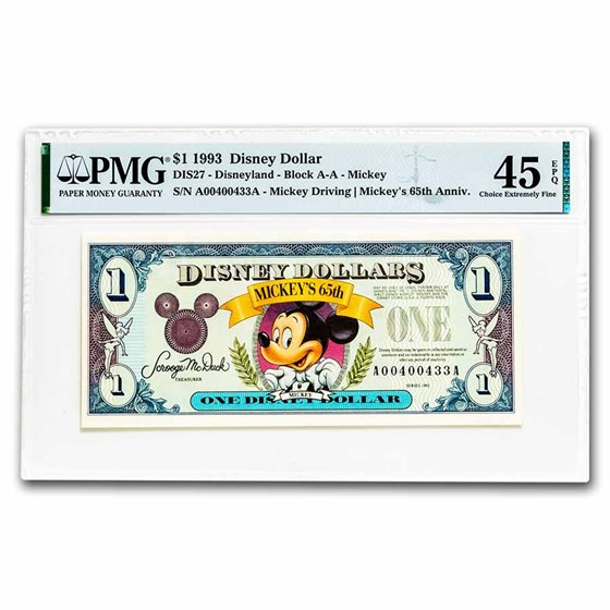 1993 $1.00 Disney World 65th Anniv. Mickey Choice XF-45 EPQ PMG 1993 $1.00 Disney World 65th Anniv. Mickey Choice XF-45 EPQ PMG