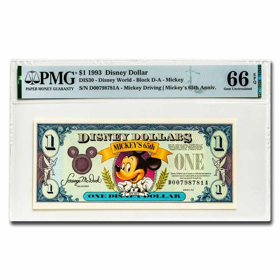 1993 $1.00 Disney World 65th Anniv. Mickey Gem CU-66 EPQ PMG 1993 $1.00 Disney World 65th Anniv. Mickey Gem CU-66 EPQ PMG