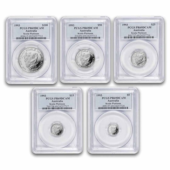 1993 AUS 5-Coin Platinum Koala Proof Set (1.9 oz) PR-69 PCGS DCAM