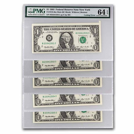1993 (B-New York) $1 FRN CU-64/65/66/67 PMG - Cutting Error Set 1993 (B-New York) $1 FRN CU-64/65/66/67 PMG - Cutting Error Set