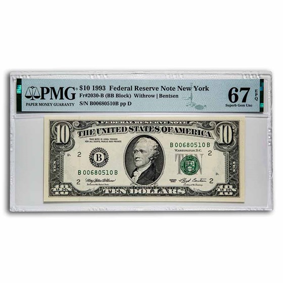 1993 (B-New York) $10 FRN Superb Gem CU-67 EPQ PMG (Fr#2030-B) 1993 (B-New York) $10 FRN Superb Gem CU-67 EPQ PMG (Fr#2030-B)