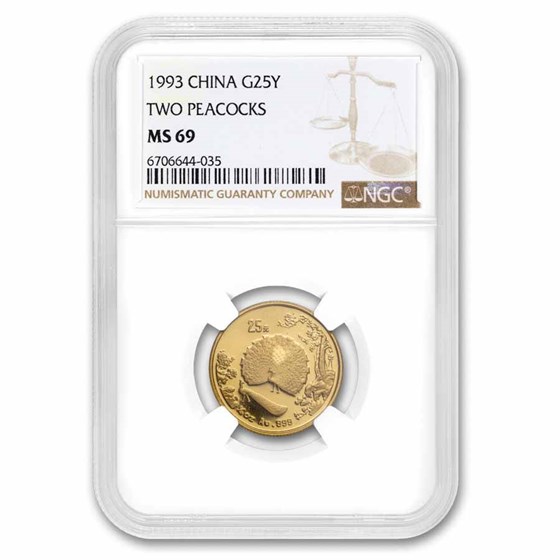 1993 China 1/4 oz Gold 25 Yuan Two Peacocks MS-69 NGC 1993 China 1/4 oz Gold 25 Yuan Two Peacocks MS-69 NGC