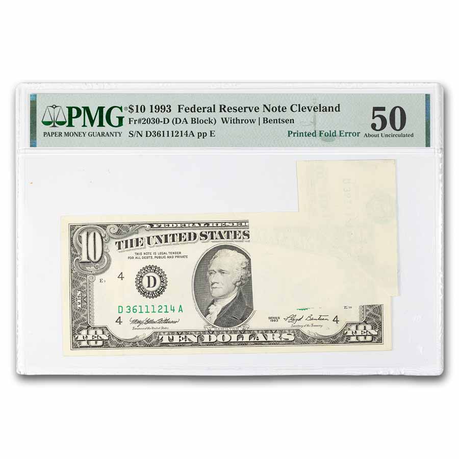 1993 (D-Cleveland) $10 FRN AU-50 PMG (Fr#2030-D) Foldover
