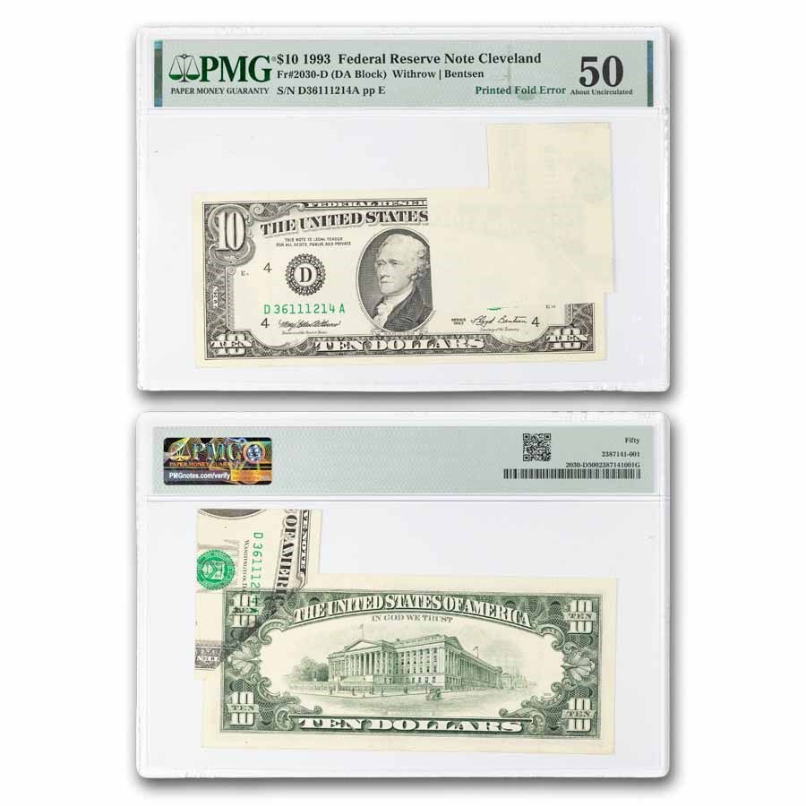 1993 (D-Cleveland) $10 FRN AU-50 PMG (Fr#2030-D) Foldover