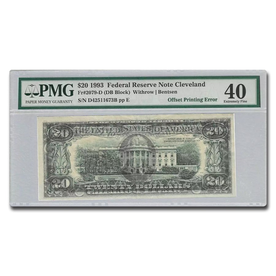 1993 (D-Cleveland) $20 FRN XF-40 PMG (Fr#2079-D) Offset Error