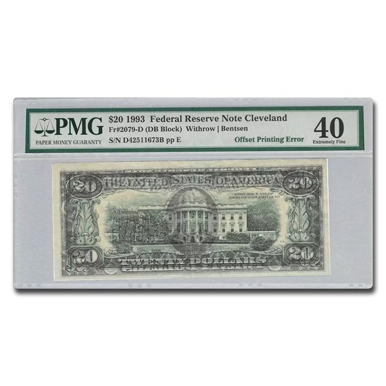 1993 (D-Cleveland) $20 FRN XF-40 PMG (Fr#2079-D) Offset Error 1993 (D-Cleveland) $20 FRN XF-40 PMG (Fr#2079-D) Offset Error