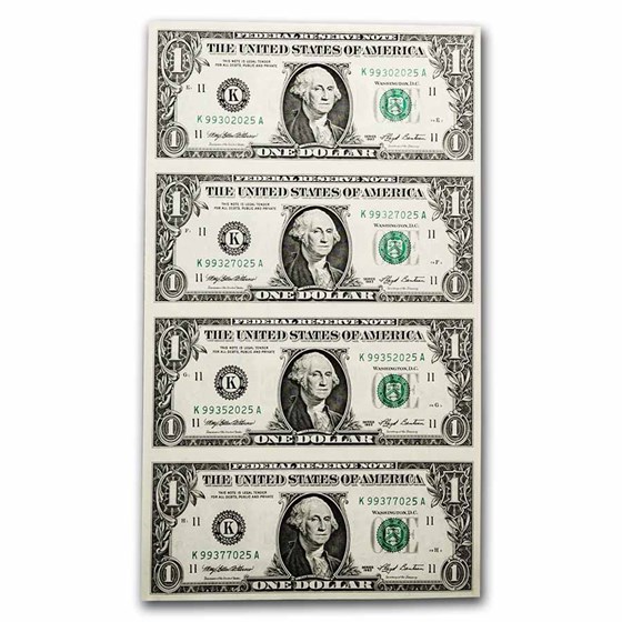 1993 (K-Dallas) $1 FRN CU (Fr#1919-K) 4 Uncut Sheet 1993 (K-Dallas) $1 FRN CU (Fr#1919-K) 4 Uncut Sheet