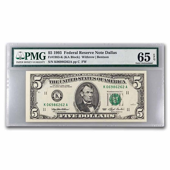 1993 (K-Dallas) $5.00 FRN Gem CU-65 EPQ PMG (Fr#1983-K) 1993 (K-Dallas) $5.00 FRN Gem CU-65 EPQ PMG (Fr#1983-K)