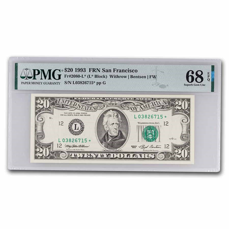 1993 (L-San Fran) $20 FRN CU-68 EPQ PMG (Fr#2080-L*) Star Note