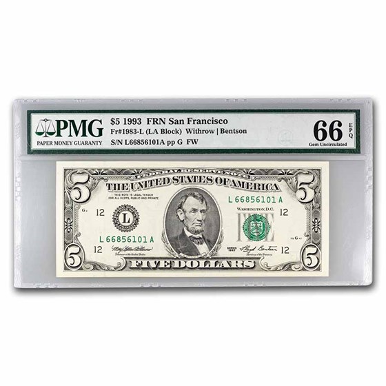 1993 (L-San Francisco) $5.00 FRN Gem CU-66 EPQ PMG (Fr#1983-L) 1993 (L-San Francisco) $5.00 FRN Gem CU-66 EPQ PMG (Fr#1983-L)