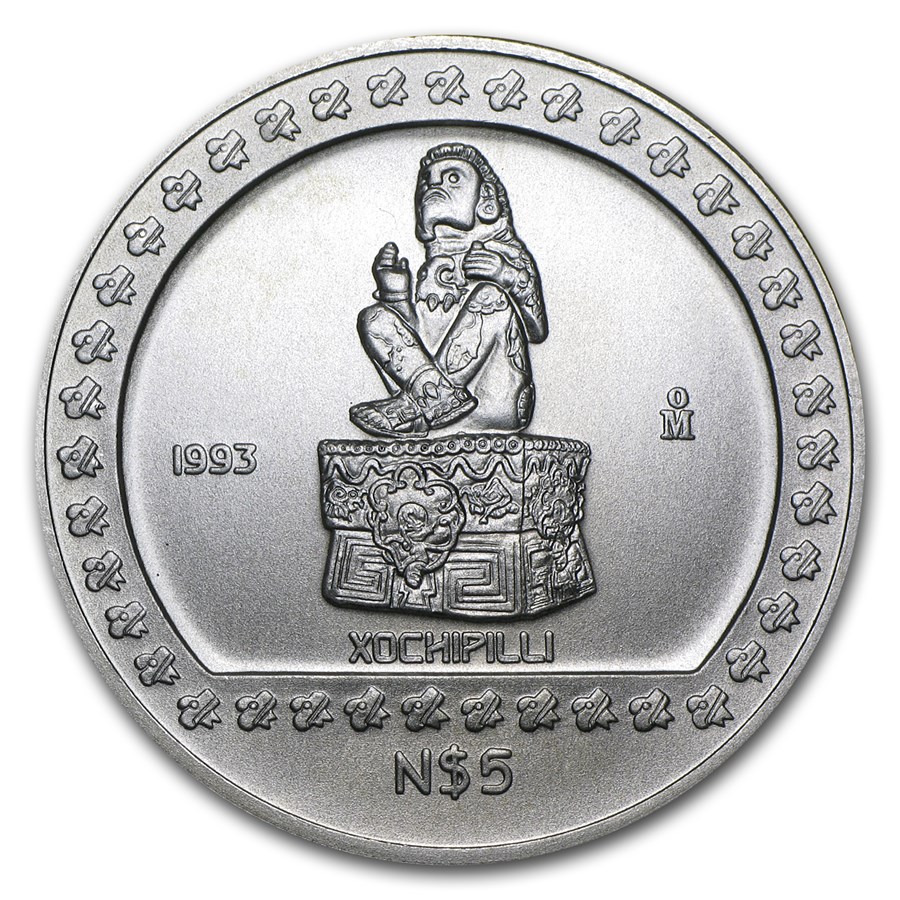 1993 Mexico 1 oz Silver 5 Pesos Xochipilli BU