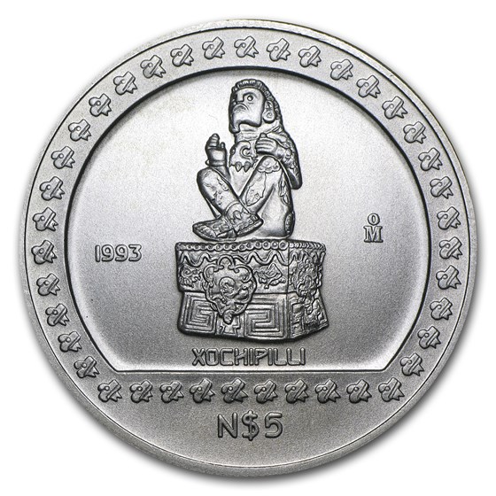 1993 Mexico 1 oz Silver 5 Pesos Xochipilli BU 1993 Mexico 1 oz Silver 5 Pesos Xochipilli BU