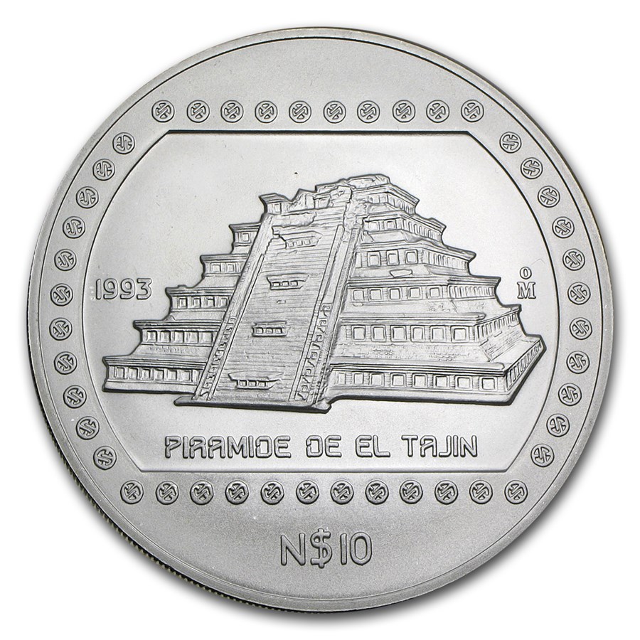 1993 Mexico 5 oz Silver 10 Pesos Piramide De El Tajin BU